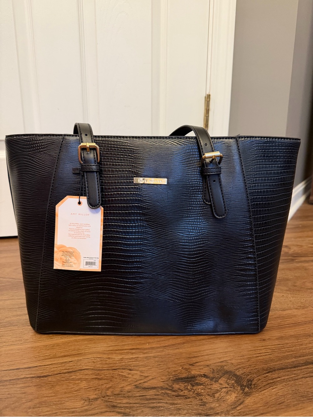 NWT Black Structured Amy Miller Corocco Faux Snake Skin Tote w Gold Hardware